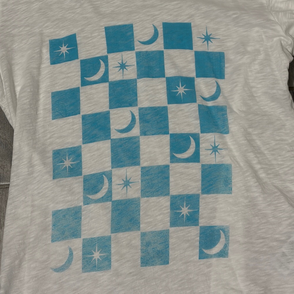 Women's Anthropologie Sundry White Checkered Moon & Stars Tee Shirt -SMALL - Picture 2 of 4